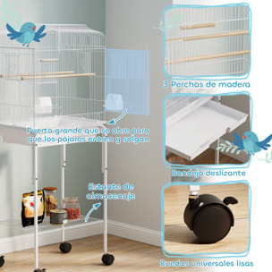 Jaula para Pájaros, Jaula Grande con Ruedas, Estante de Almacenaje, Puertas, 2 Comederos, 2 Perchas, Columpio, Bandeja Extraíble y Asa, para Loro, Canario, Periquito, 46,5x36x124 cm, Blanco