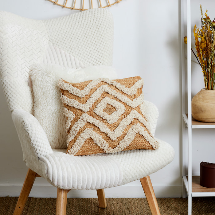 Coussin - HOME DECO FACTORY - Beige - Coton et Jute Tufté - Graphisme Géométrique