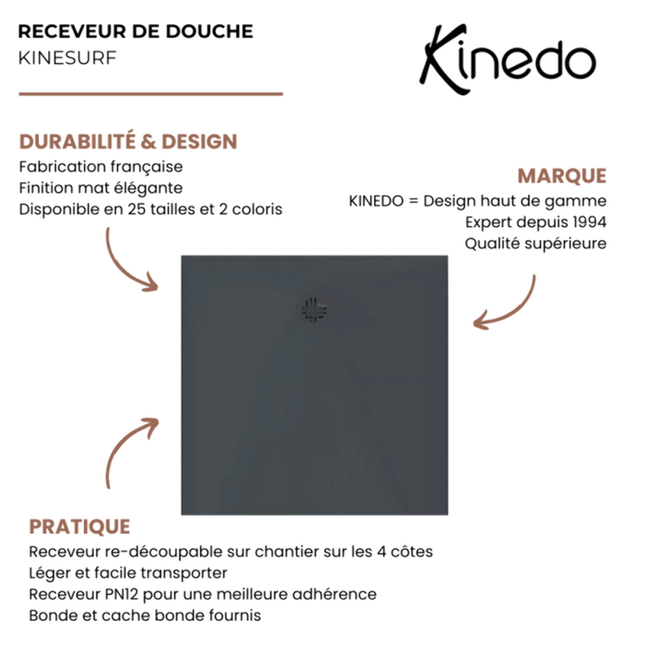 Receveur KINEDO Kinesurf Nova 180X90 gris anthracite