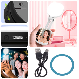Lámpara de iluminación suplementaria para selfies con espejo, 3 tipos de luz, regulación de brillo y batería recargable.