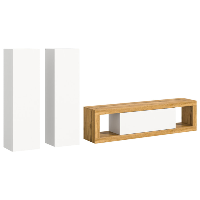 Ethan – meuble tv 150 cm + 2 armoires murales 110 cm - bois et blanc - Bois / Blanc