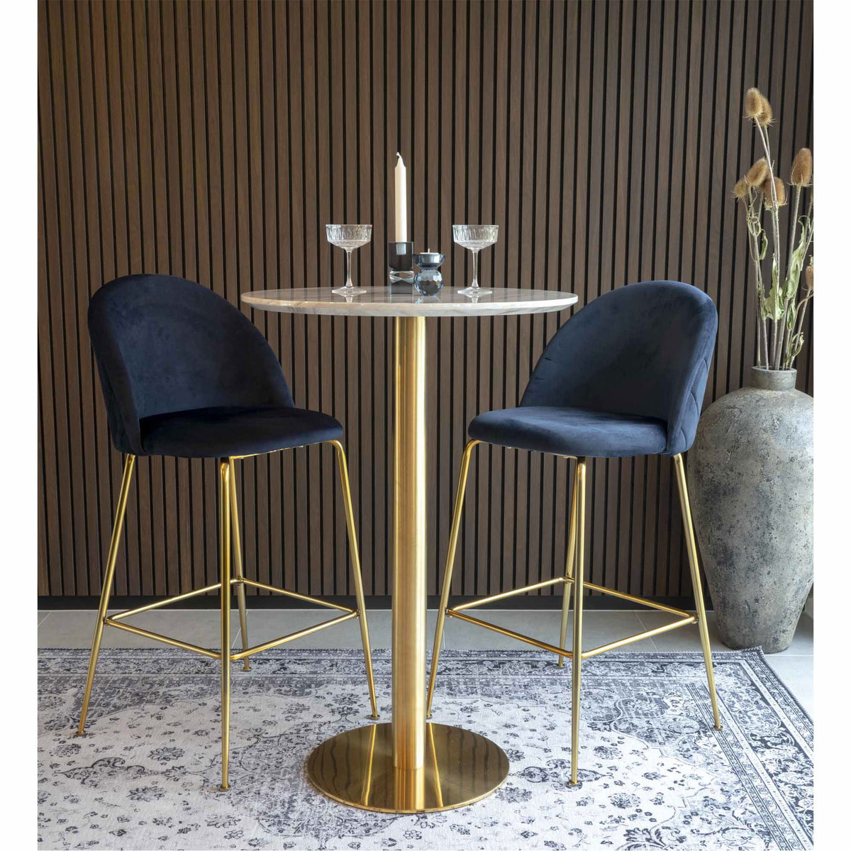 Tavolo bar Bolzano con piano effetto marmo e base ottone, ø70×105 cm