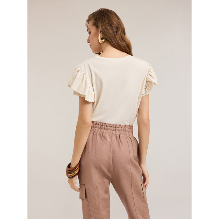 Motivi - T-shirt con maniche a volant - Beige