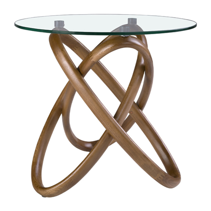 Mesa rincón Angel Cerdá redonda con tapa de cristal templado y patas de madera en nogal 55x55x50cm