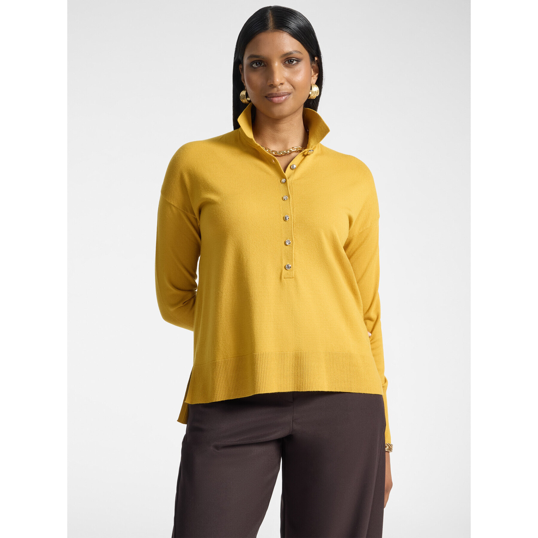 Elena Mirò - Maglia polo in viscosa con bottoni gioiello - Giallo