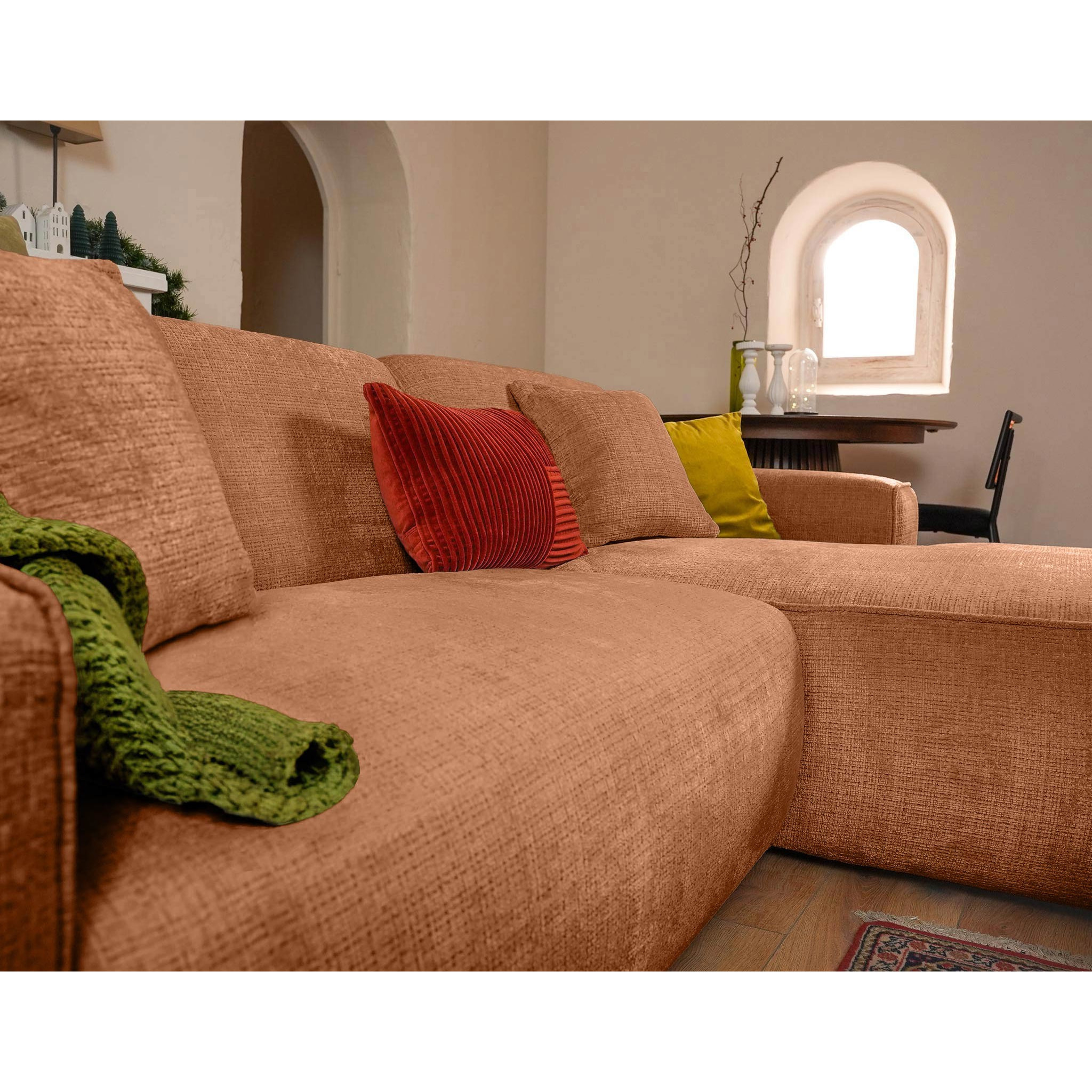 Lison - Canapé d'angle droit 4 places en velours texturé - Terracotta