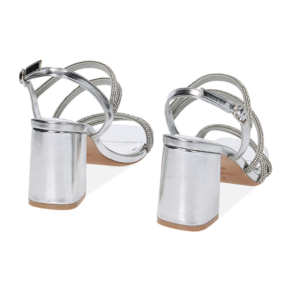 Sandali argento in laminato con pietre, tacco 7,7 cm