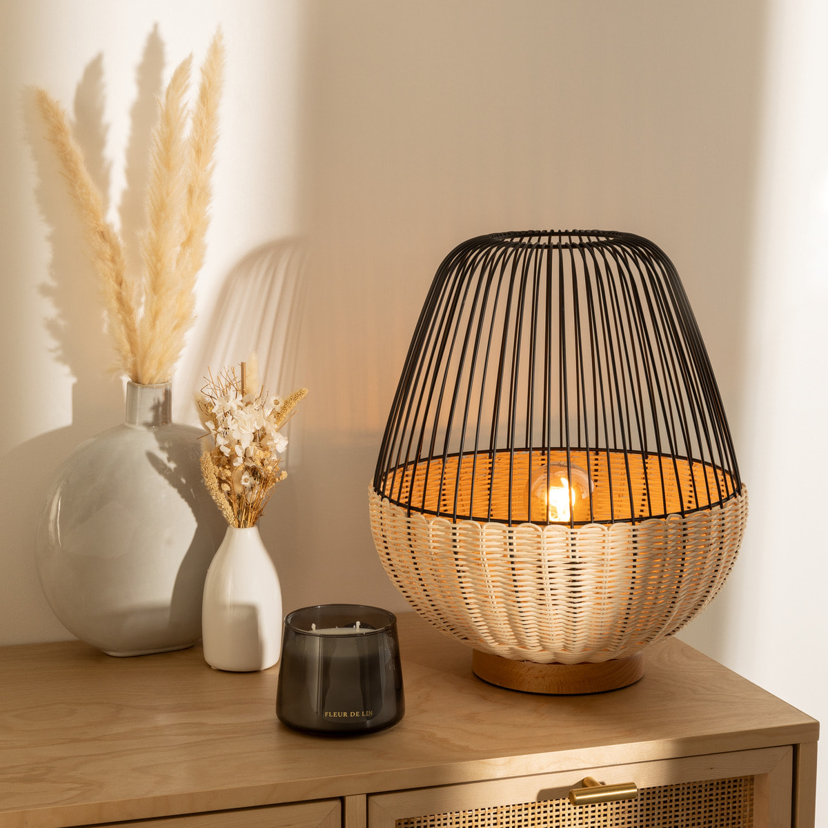 Lampe "Anea" - métal et hêtre - noir - H35 - 5 cm