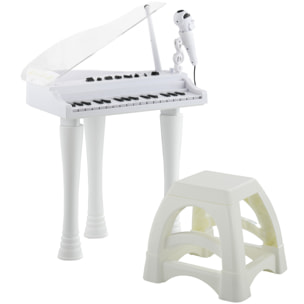 Piano Electrónico Infantil de 32 Teclas Juego de Piano con Micrófono Taburete Luces 22 Canciones 4 Sonidos Patas Desmontables y Volumen Ajustable 37x30,5x60,4 cm Blanco