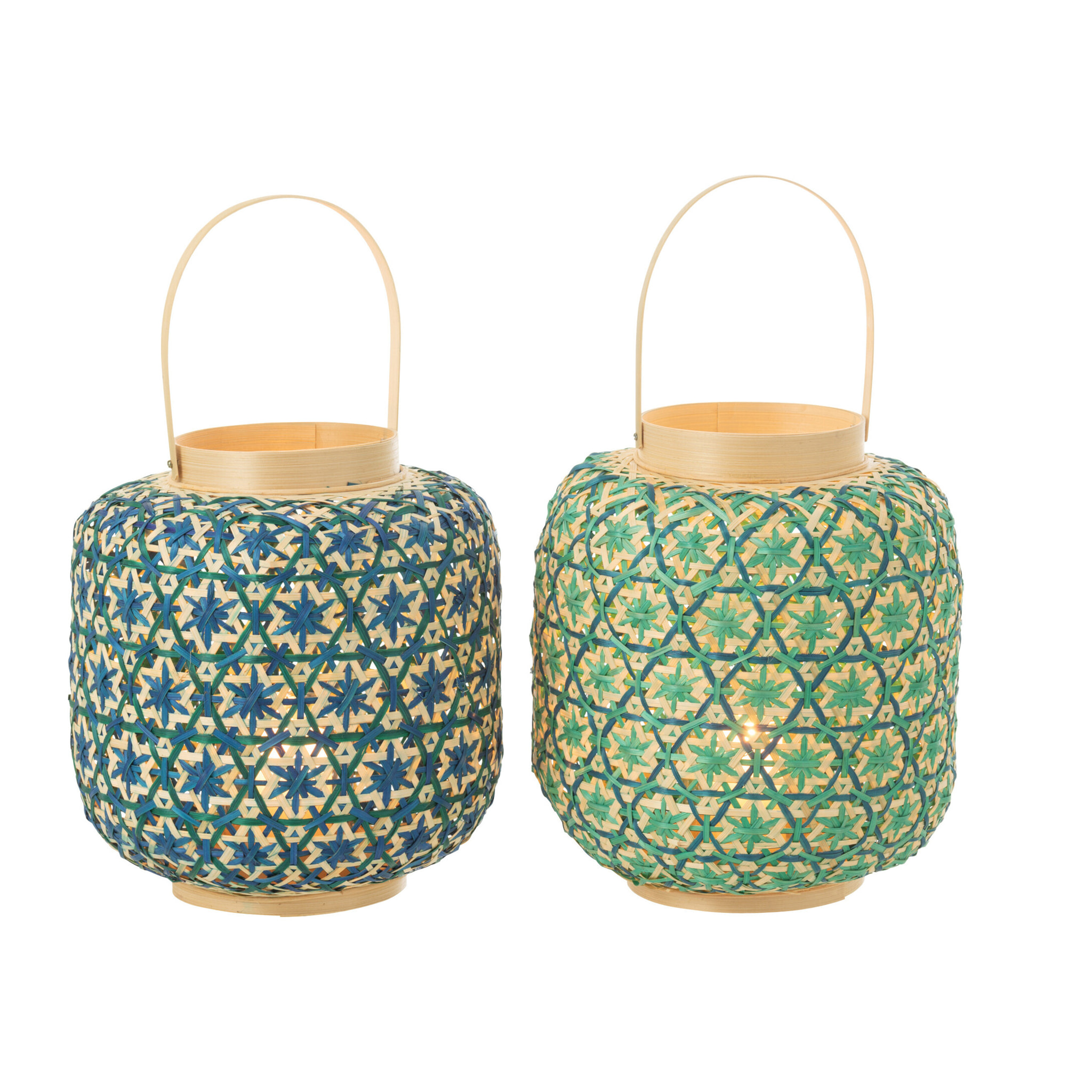 J-Line Lanterne Motif Mosaïque Bambou Bleu Foncé/Vert D'eau Assortiment De 2