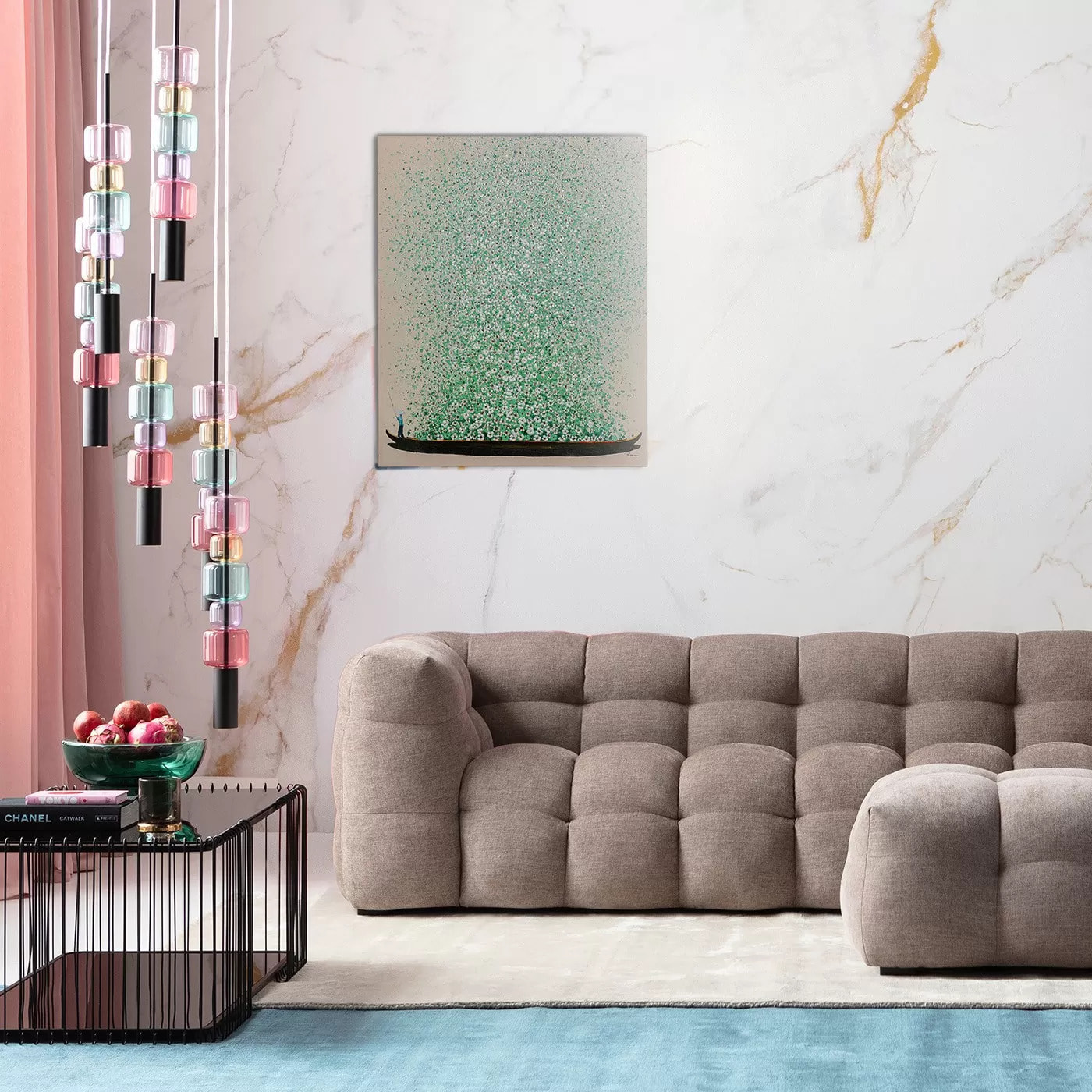 Tableau Touched fleurs pirogue 40x50cm beige et vert Kare Design