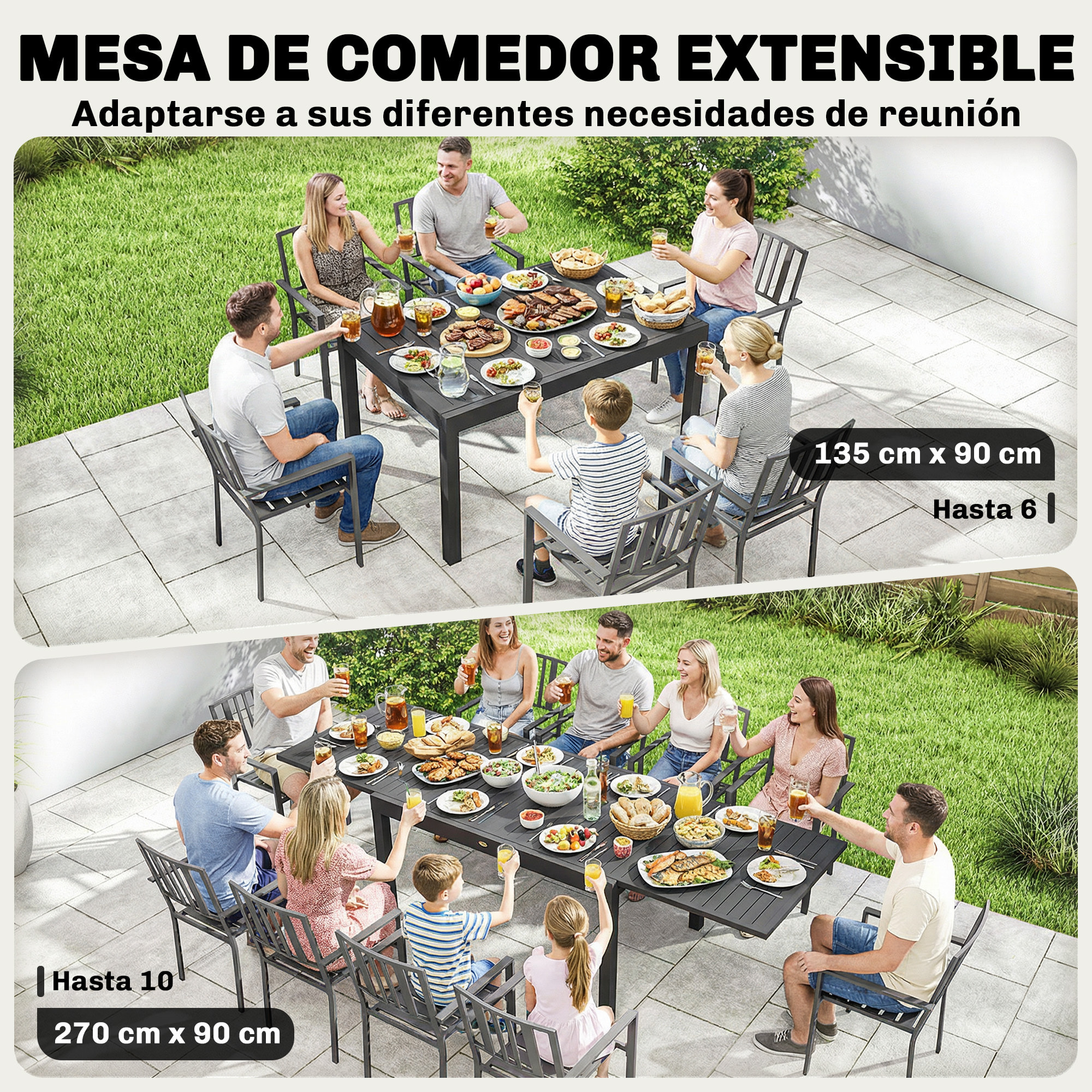 Mesa de Jardín Extensible 135/270x90 cm, Mesa de Comedor Exterior Extensible Rectangular de Aluminio, con Superficie de Lamas para 6-10 Personas, para Patio, Terraza, Gris Oscuro