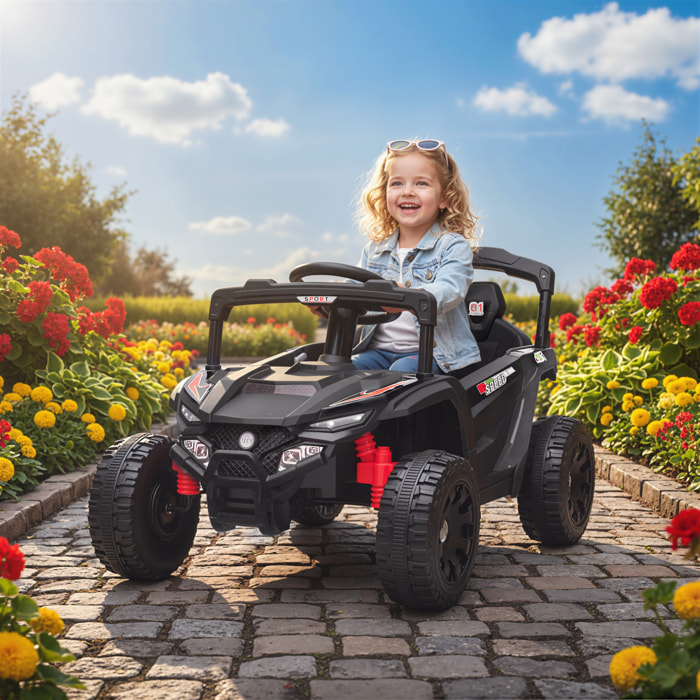 Coche Eléctrico para Niños 12V, Coche de Batería UTV con 2 Motores, Control Remoto 2,4G, 3-5 km/h, Suspensión Trasera, Faros, Música, para Niños de 3-5 Años, Negro