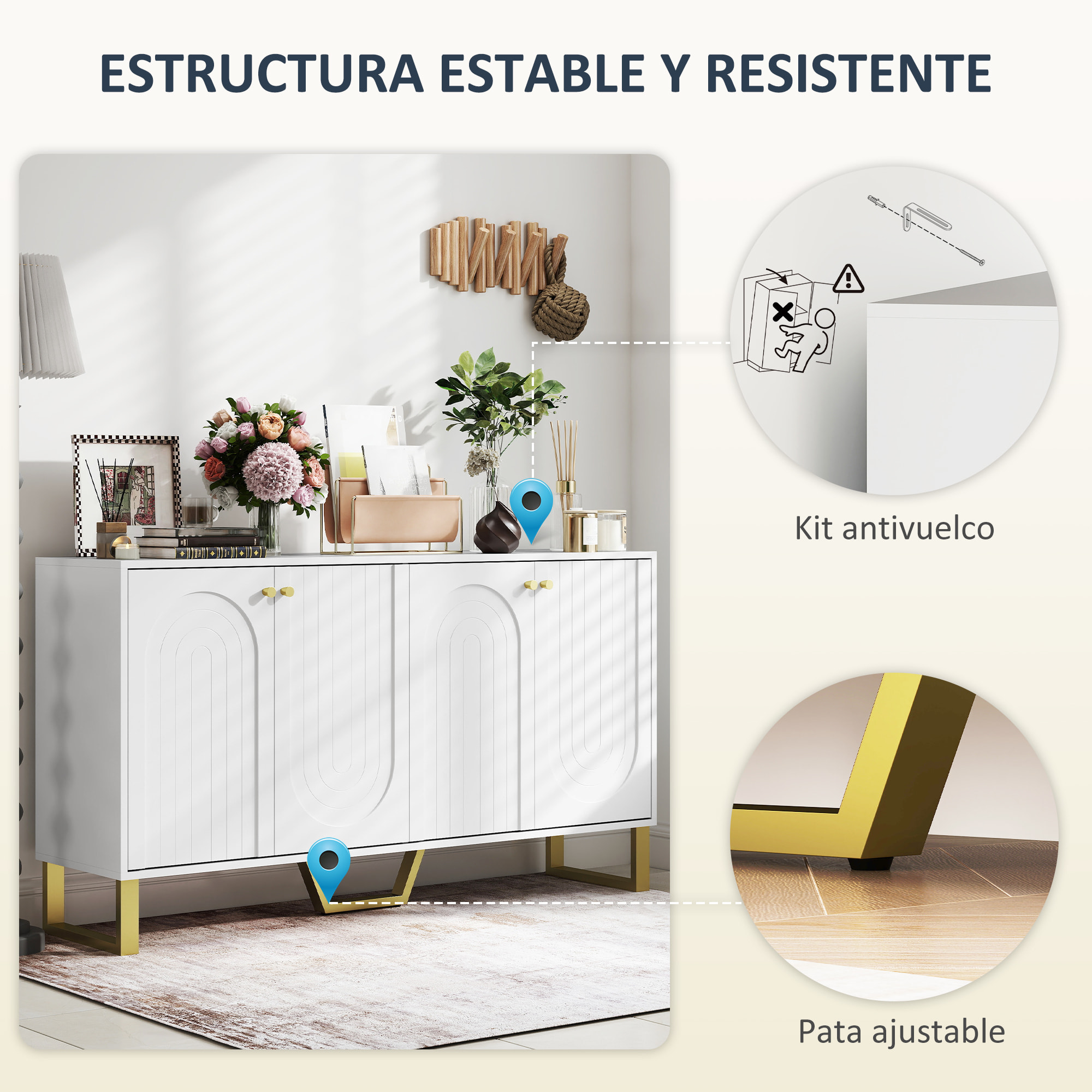 Aparador 4 Puertas Aparador para Salón Moderno con Estantes Ajustables y Patas Doradas para Comedor Entrada Mueble para TV hasta 65 Pulgadas Blanco 140,8x35x77,5 cm
