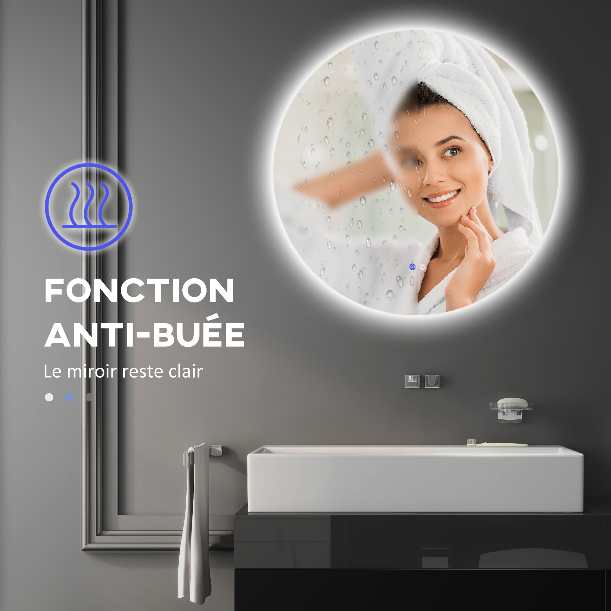 Miroir rond lumineux LED de salle de bain 60 cm avec éclairage interrupteur tactile système antibuée miroir mural LED à luminosité réglable 29 W gris