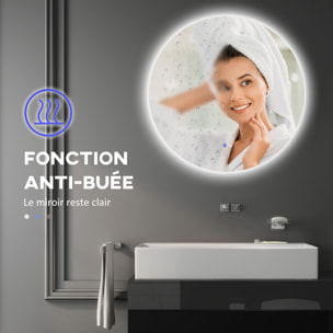 Miroir rond lumineux LED de salle de bain 60 cm avec éclairage interrupteur tactile système antibuée miroir mural LED à luminosité réglable 29 W gris