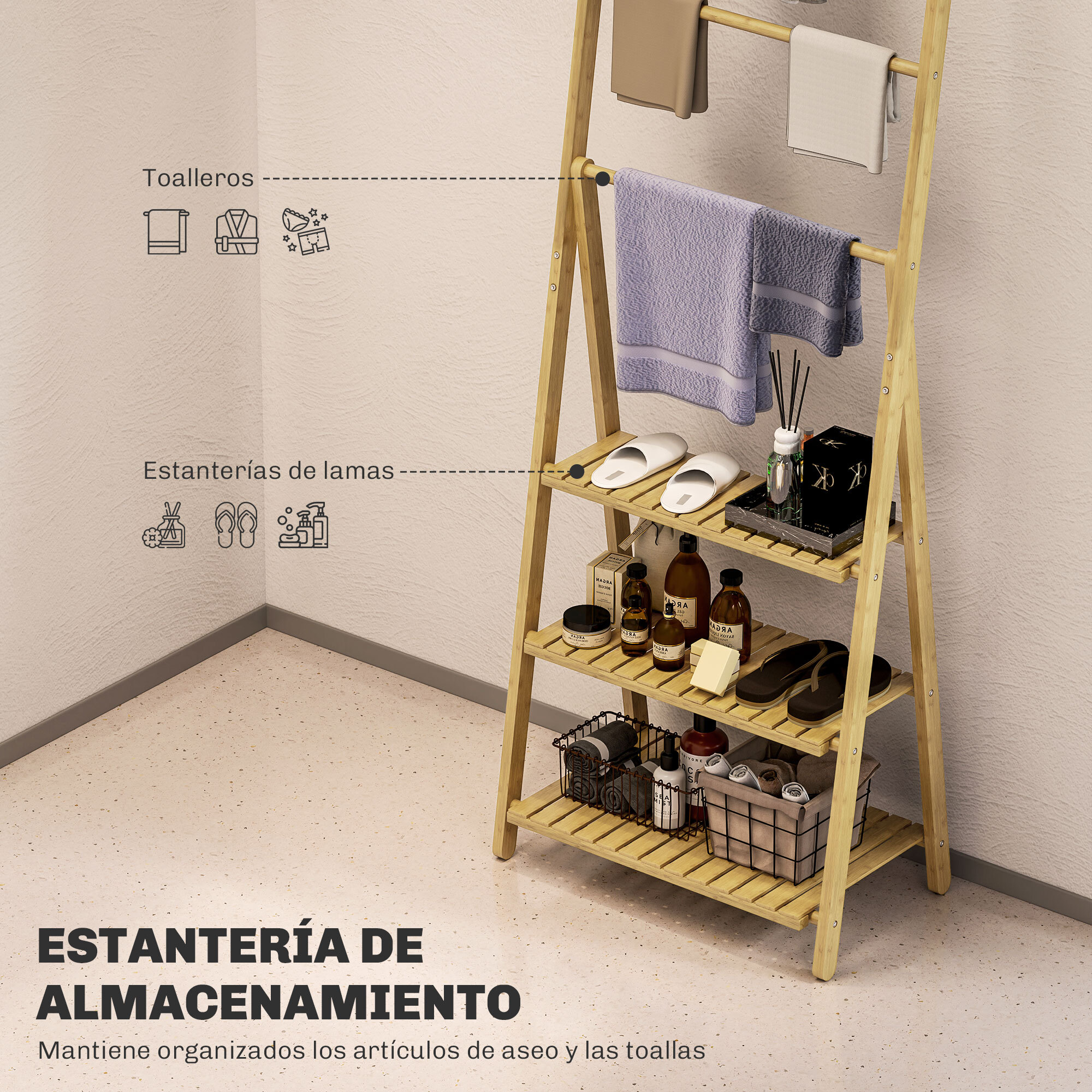 Estantería de Baño de Bambú con 3 Estantes Estantería de Almacenaje Plegable con Barras Estantería de Madera en Forma de A 53,5x30x53 cm Natural