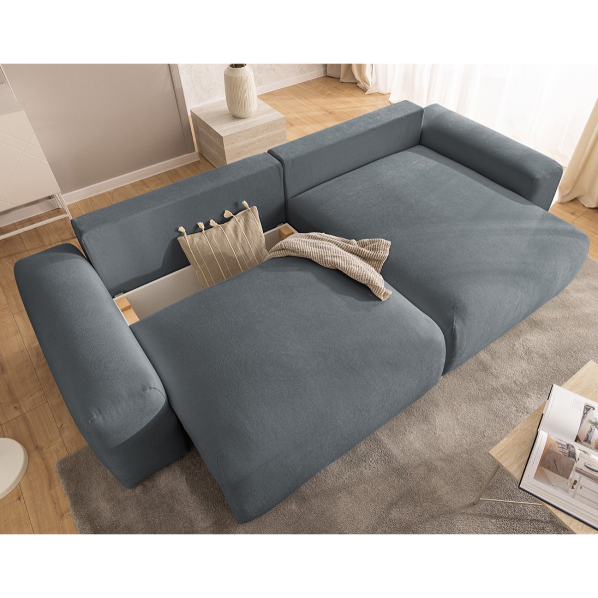 Constance - Canapé d'angle réversible 4 places convertible avec coffre en tissu - Gris