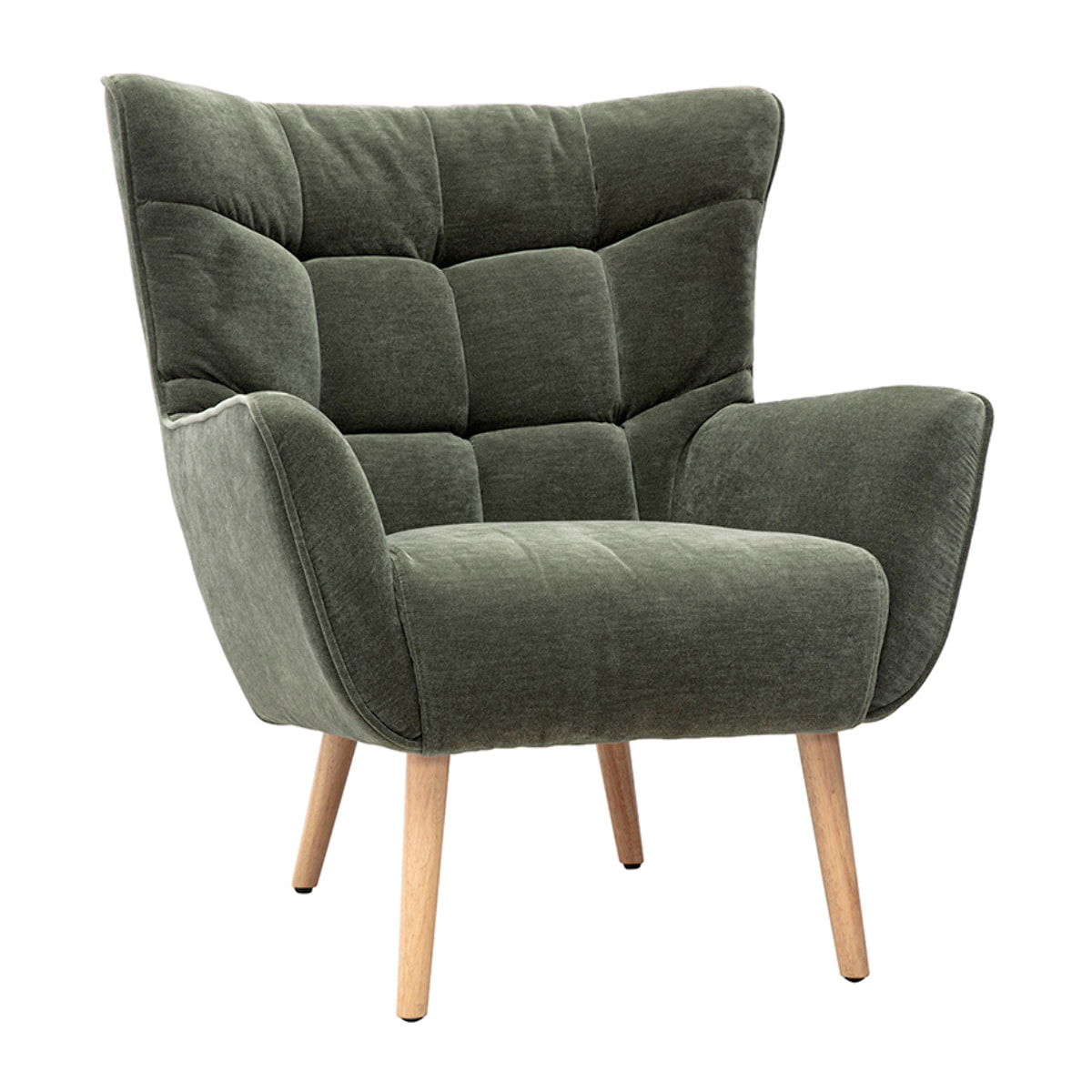 Fauteuil scandinave en tissu effet velours vert kaki et bois clair AVERY