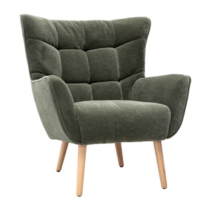 Fauteuil scandinave en tissu effet velours vert kaki et bois clair AVERY