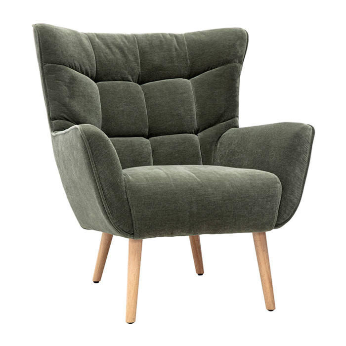 Fauteuil scandinave en tissu effet velours vert kaki et bois clair AVERY