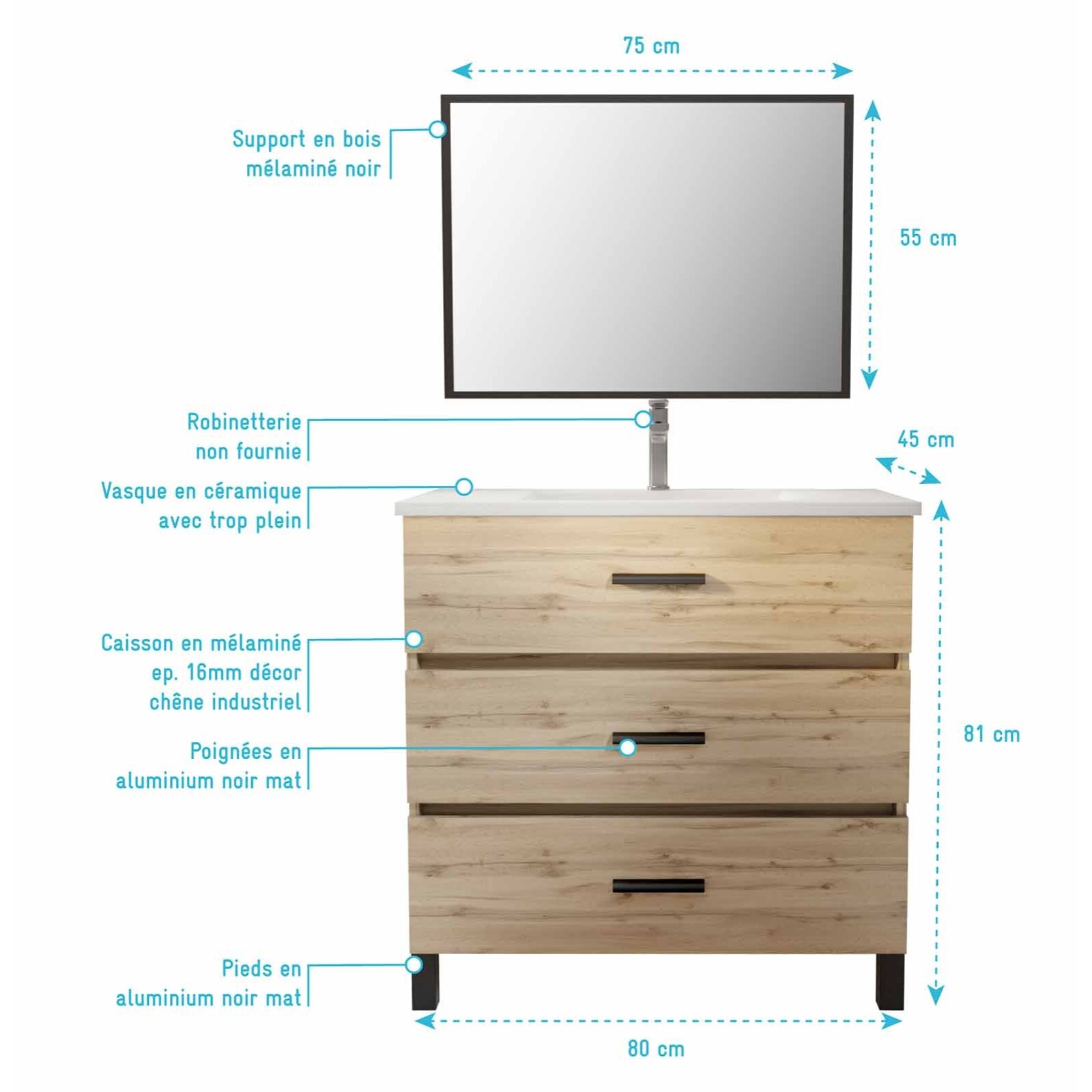 Meuble de salle de bain 80 cm - Chêne industriel - 3 Tiroirs - Vasque et Miroir