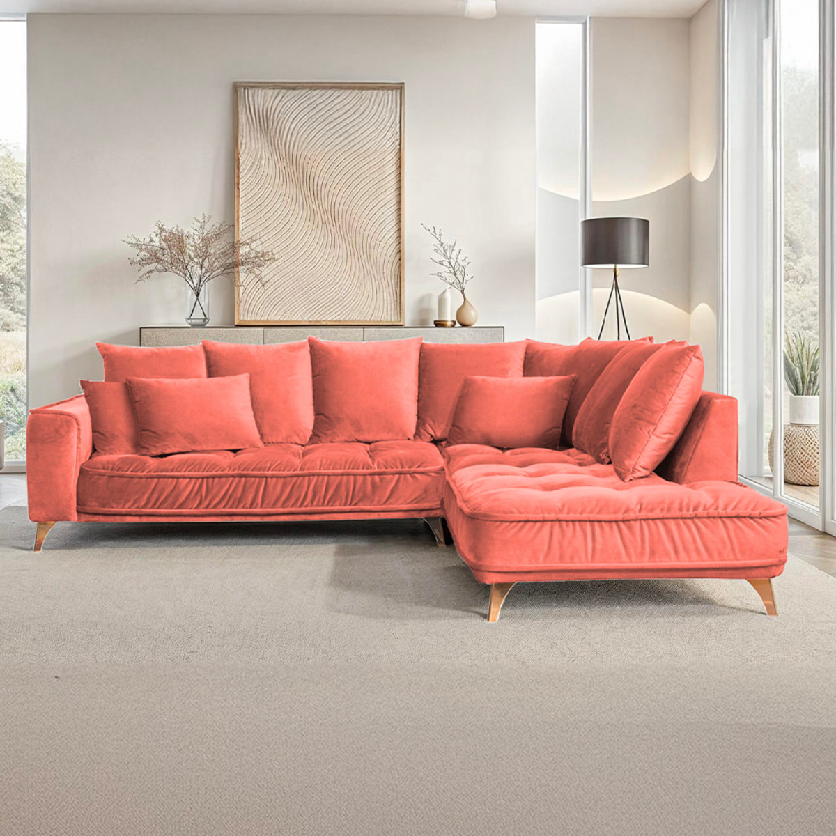 Canapé d'Angle Droit Velours Altamo, 4 Places, Housse Déhoussable, Style Scandinave