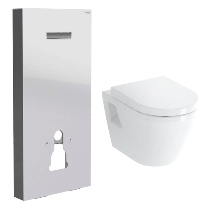 Pack WC Bâti support en verre trempé/aluminium brossé avec plaque intégrée, Blanc + WC suspendu avec Abattant en Duroplast
