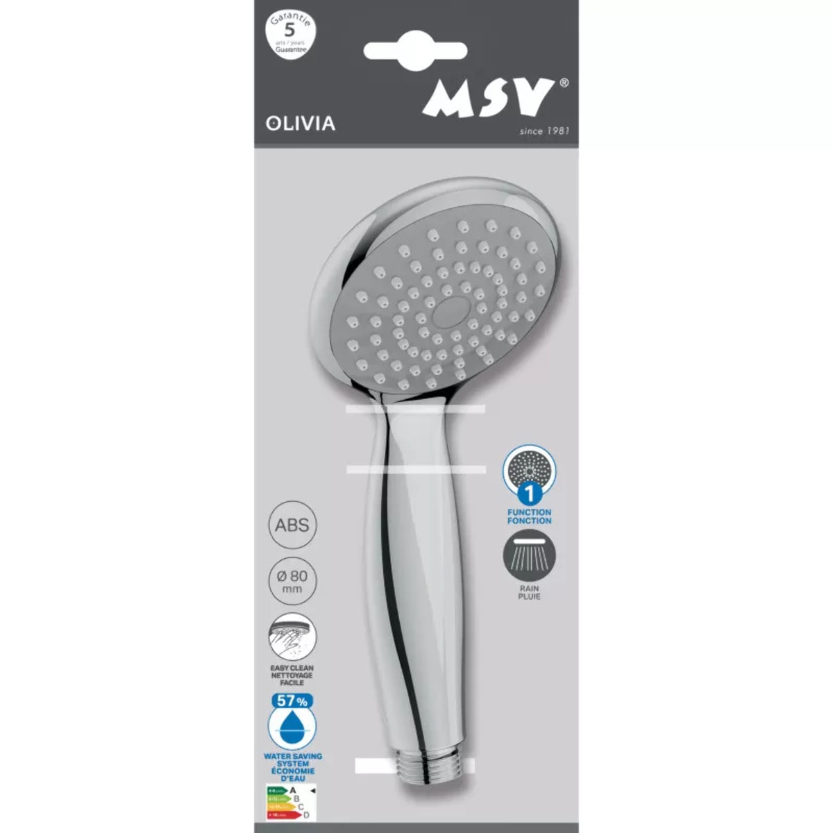 Pommeau de douche Olivia MSV – Jet pluie, économie d'eau et design chromé