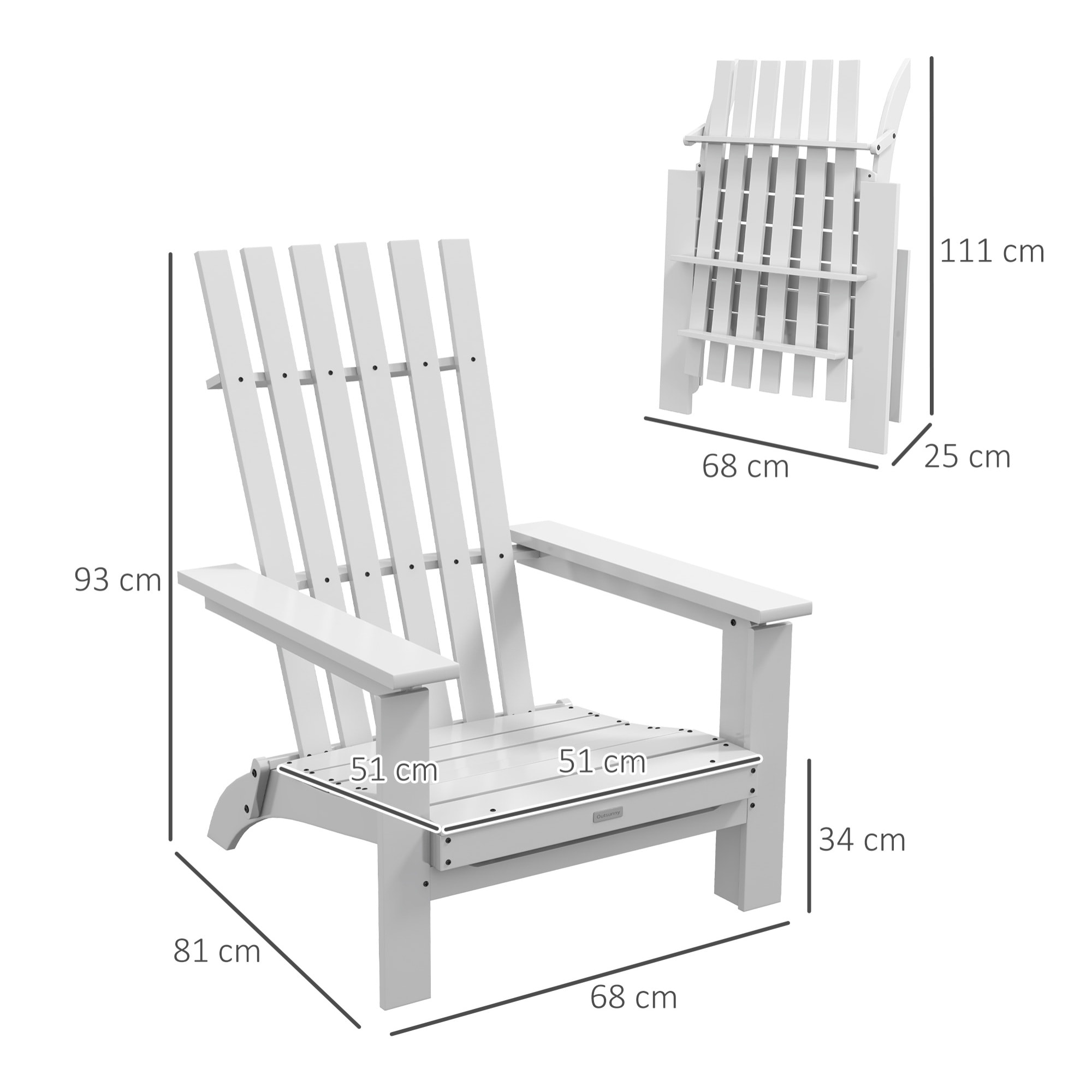 Silla Adirondack de Madera Silla de Jardín Plegable con Reposabrazos Carga 160 kg para Patio Terraza Balcón 68x81x93 cm Blanco