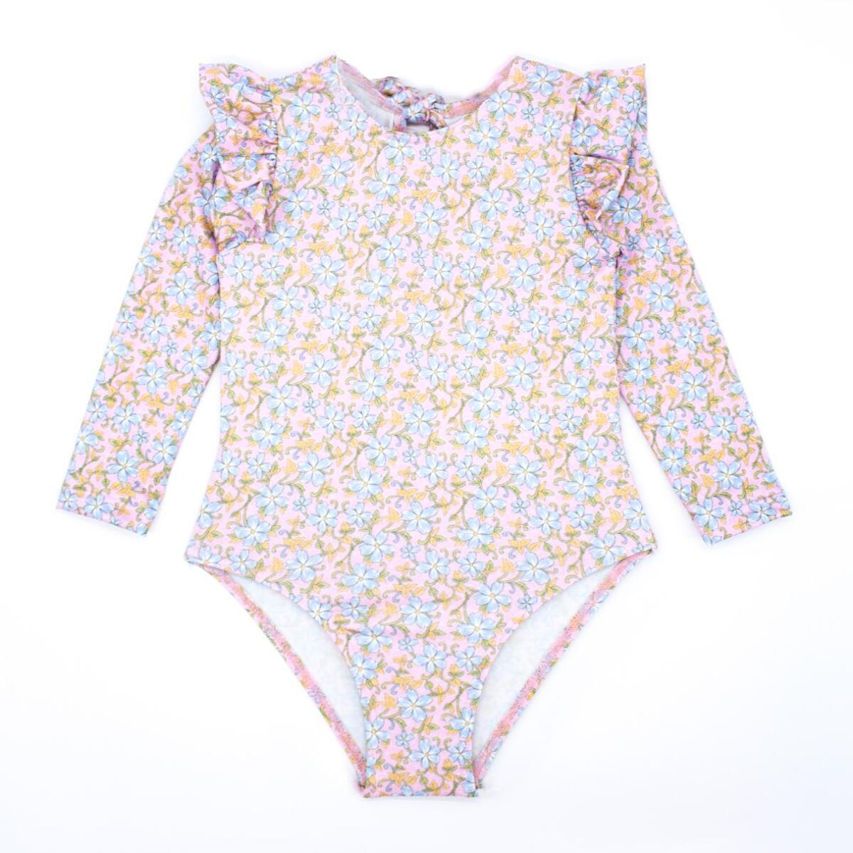 Bañador de manga larga de flor azul, con volantes.