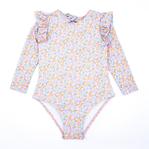 Bañador de manga larga de flor azul, con volantes.