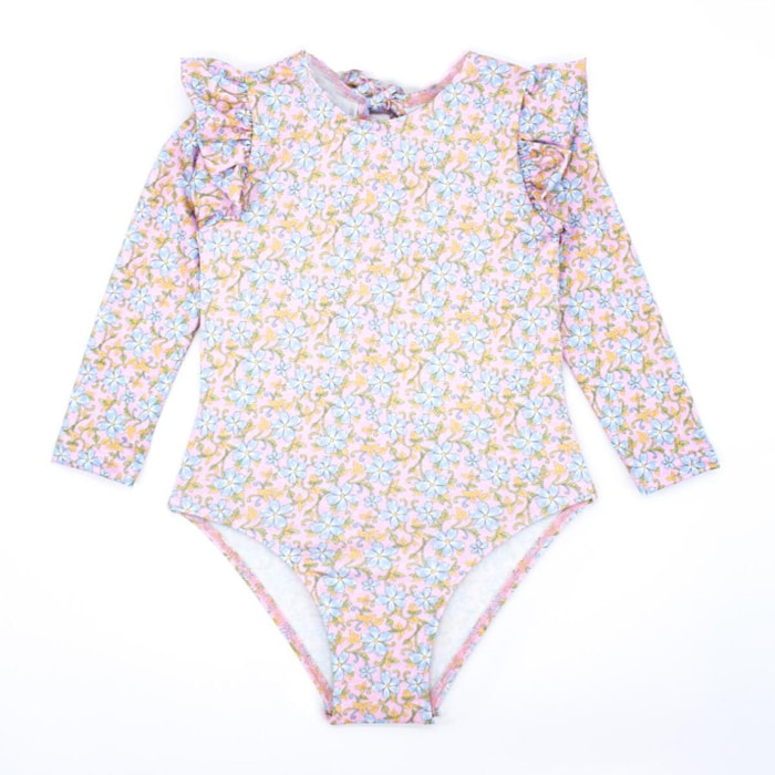 Bañador de manga larga de flor azul, con volantes.