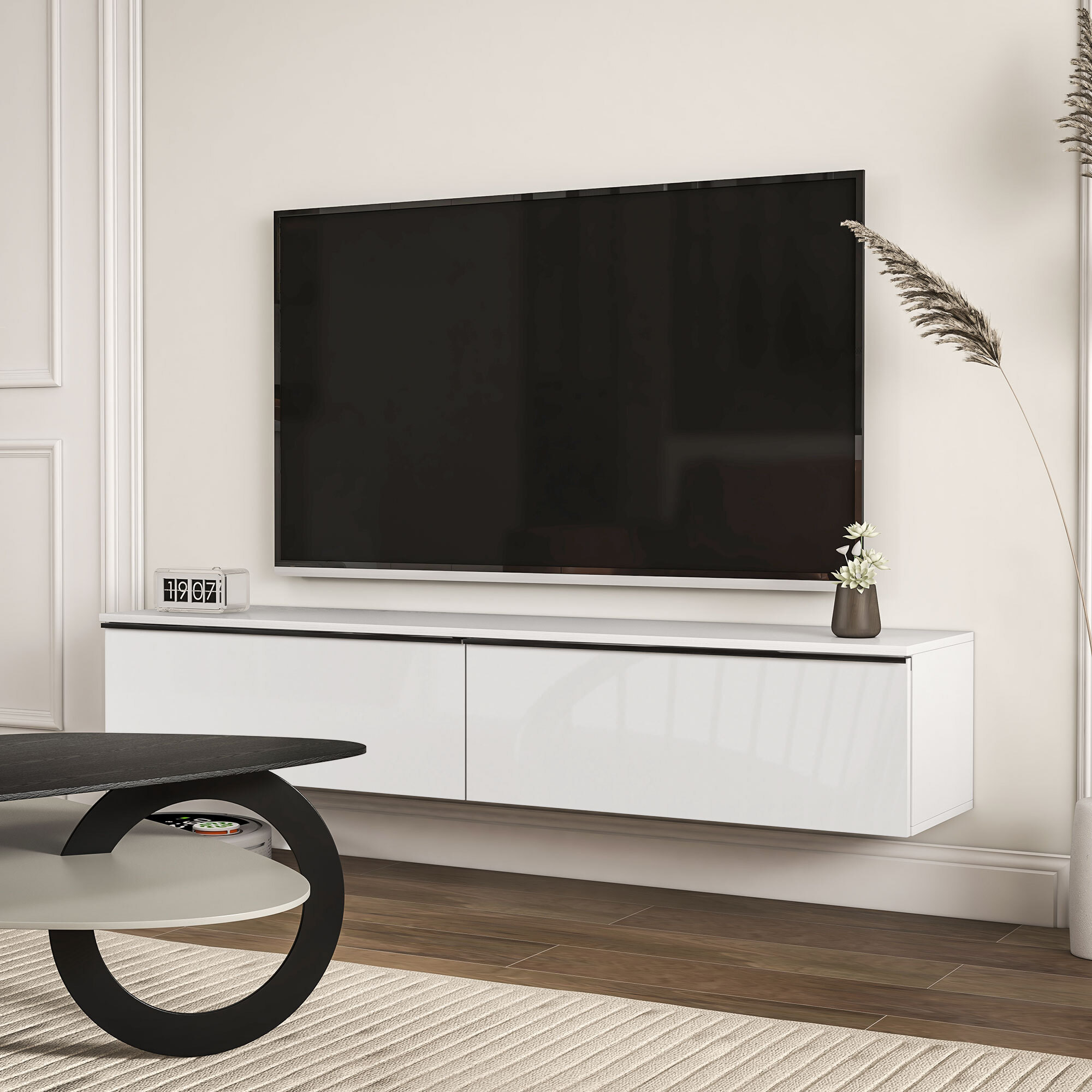 Meuble TV suspendu meuble TV flottant design façade blanc laqué 2 portes