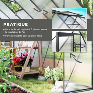 Serre de jardin polycarbonate alu 7 m² dim. 3,75L x 1,9l x 1,99H m lucarne réglable fondation porte coulissante gris