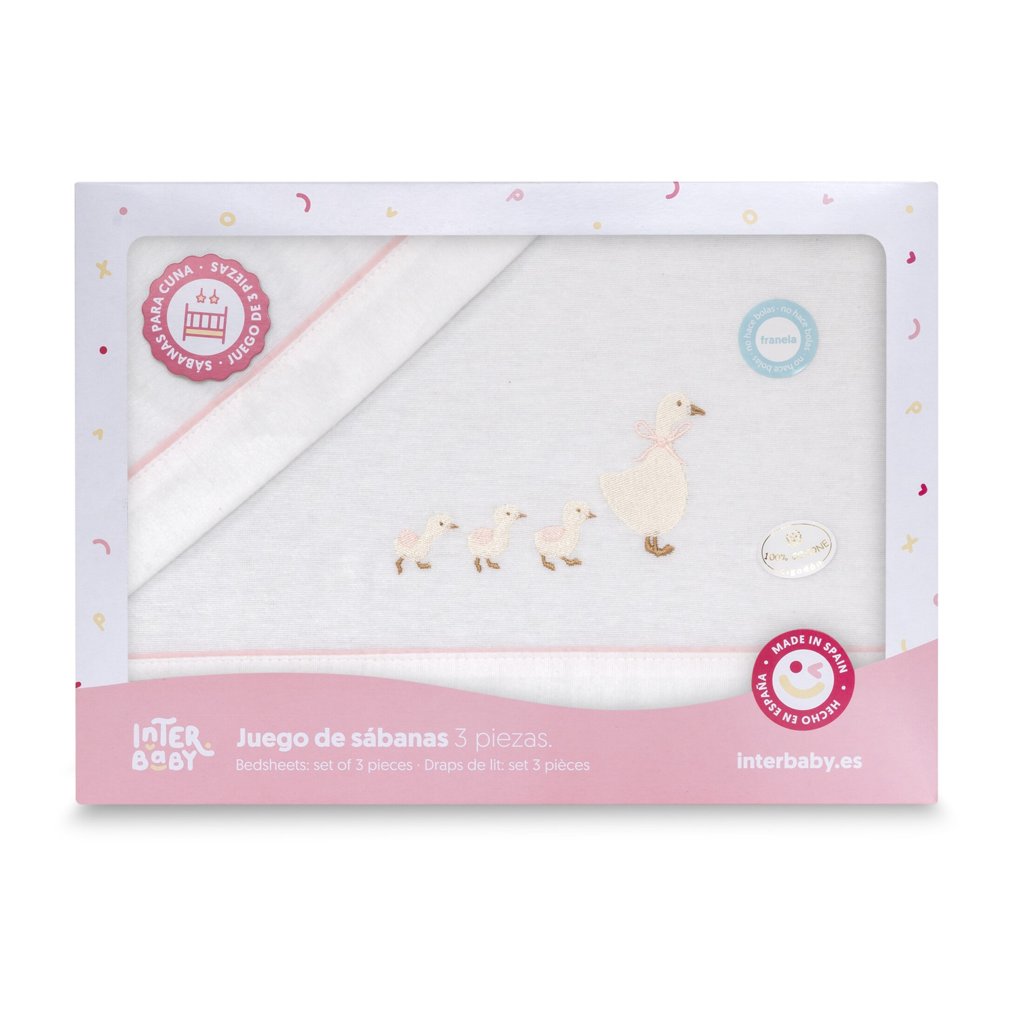 Triptico Cuna Franela Patitos Bco/Rosa