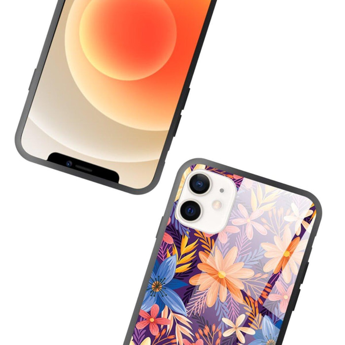 Coque iPhone 12 Mini Coque Soft Touch Glossy Fleurs violettes et oranges Design La Coque Francaise