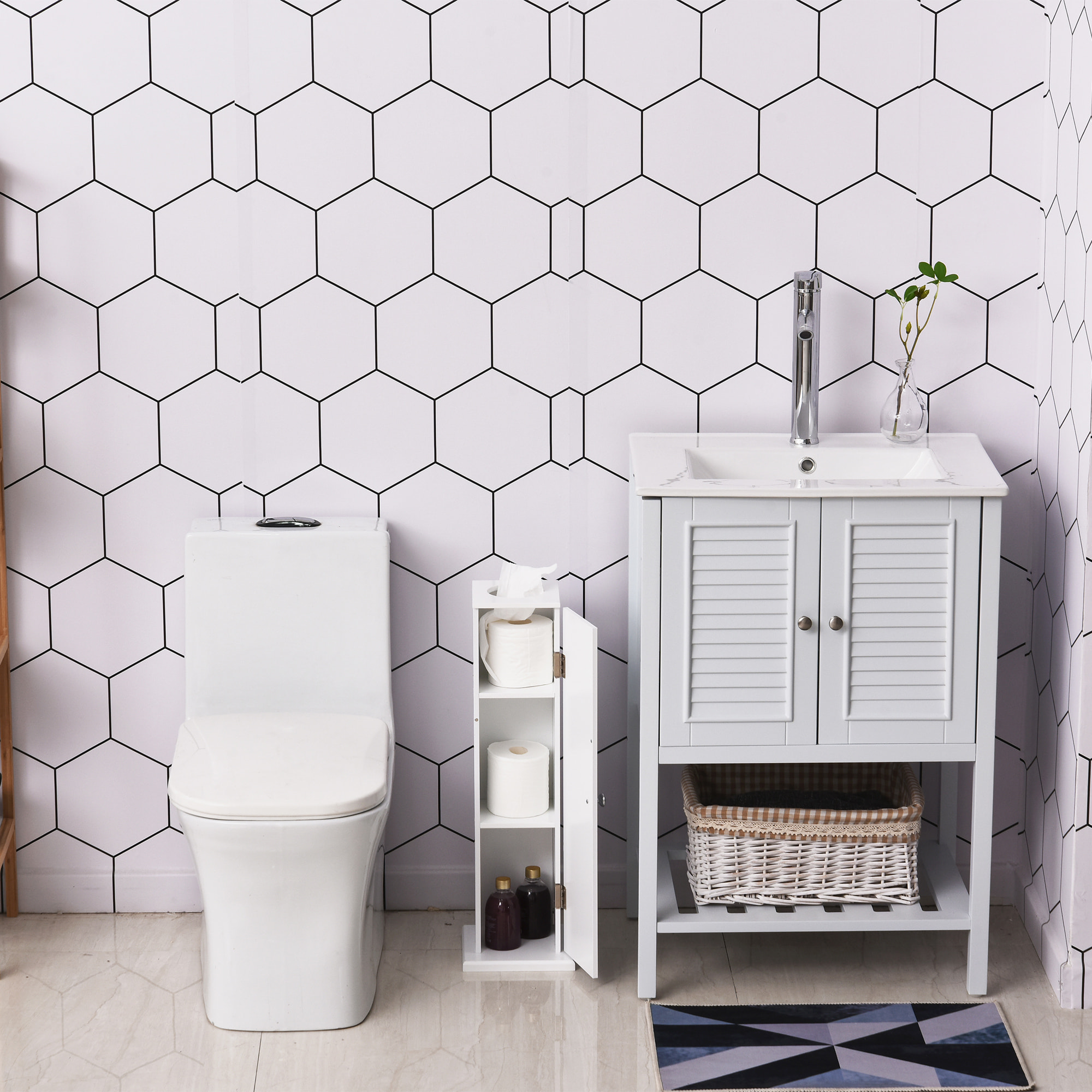 Armario de Baño Estrecho Mueble de Baño con Orificio para Papel Higiénico y Estantes Estilo Moderno para Espacios Pequeños 19,5x19,5x65 cm Blanco