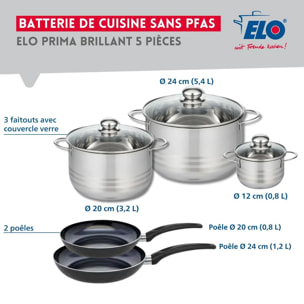 Ensemble de 2 Poêles de cuisson 20 et 24 cm et 3 faitouts 12, 20 et 24 cm Elo Prima Brillant