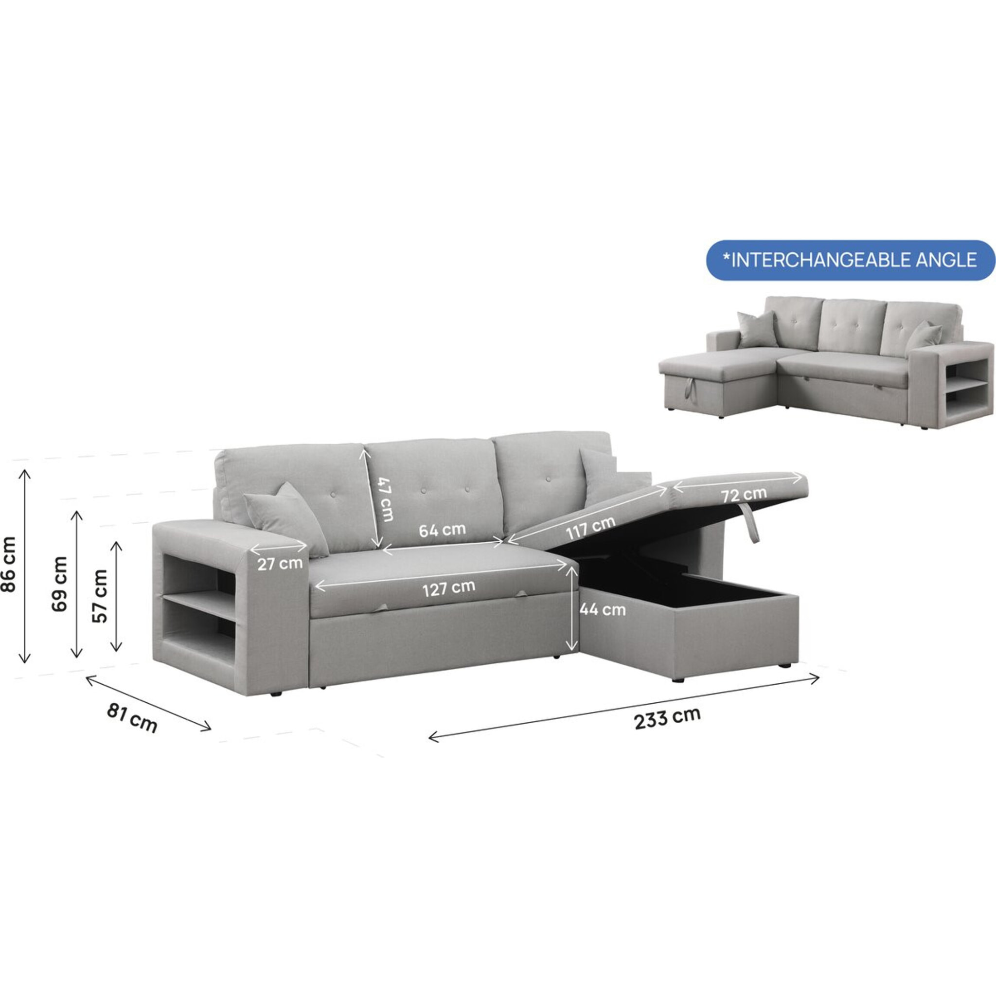 Canapé d'angle convertible/réversible "Axel" - 3 places - Gris clair