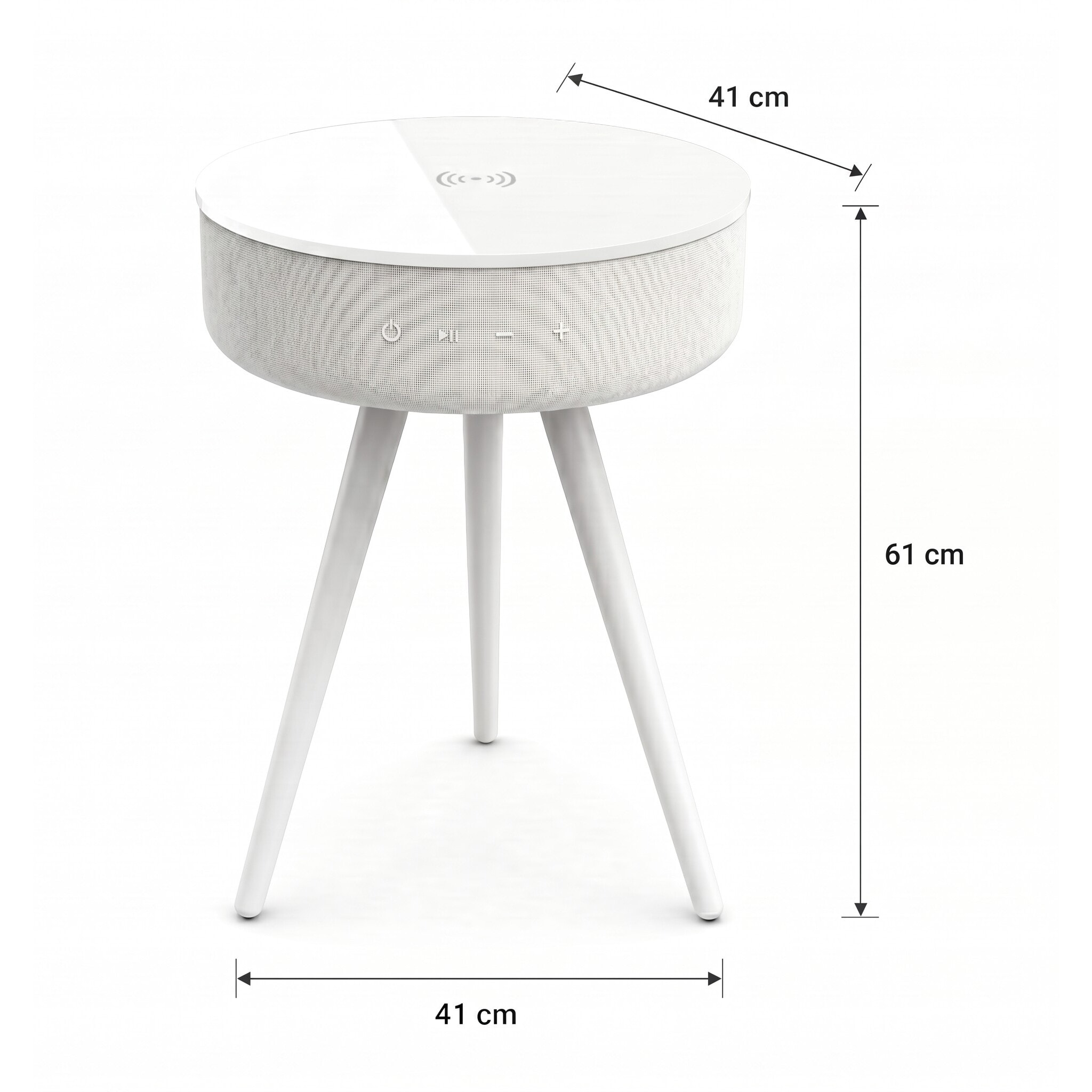 Mesa auxiliar altavoz portátil con sonido de 30W, Bluetooth, base de carga inalámbrica, batería de 2200mAh. Mesilla o mesita para dormitorio o sala de estar - TD Systems SM30B11WB [Lacado blanco]