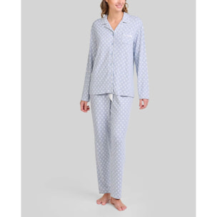 Pijama mujer estampado de hojas con abierto con botones, clásico cuello de solapa con vivo, cómoda manga larga y pantalón largo