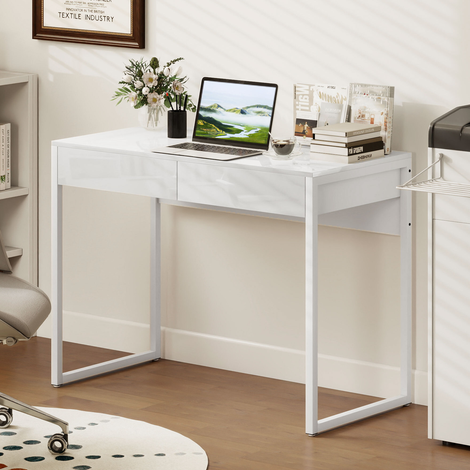 Bureau design blanc laqué dim. 100 x 50 cm - 2 tiroirs - acier MDF