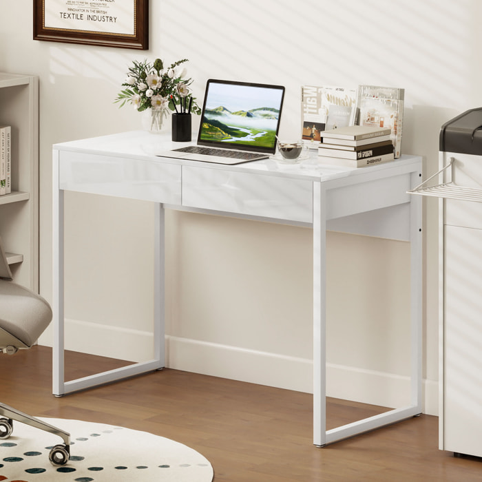 Bureau design blanc laqué dim. 100 x 50 cm - 2 tiroirs - acier MDF
