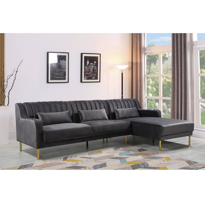 Canapé d'angle en velours "Oliver" - 275 x 161 x 81 cm - 5 places - Gris - Angle droit