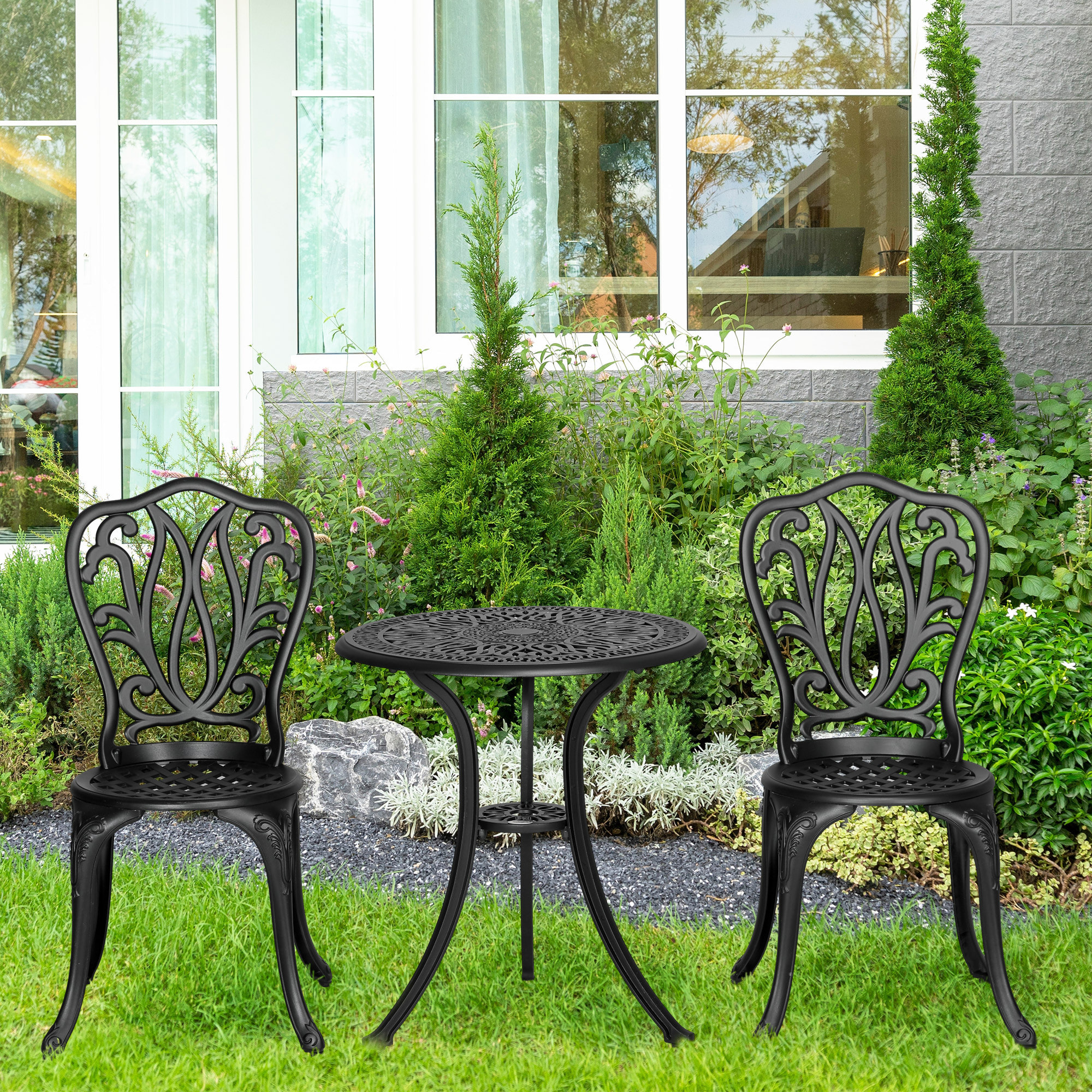 Ensemble salon de jardin 2 places avec table ronde style rétro fonte alu noir