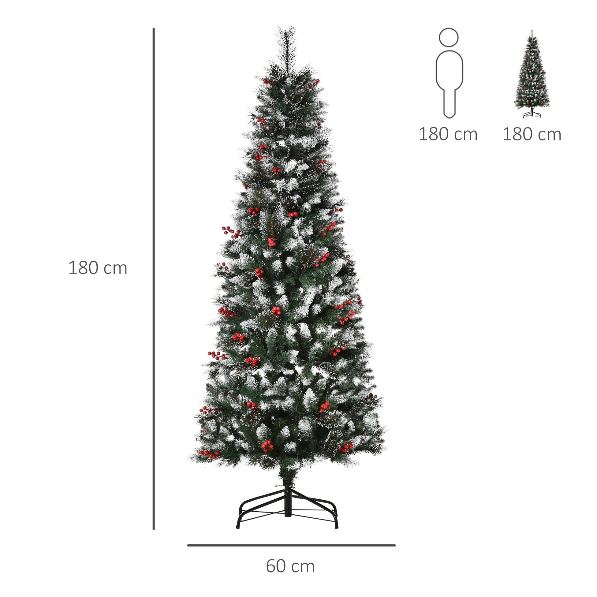 HOMCOM Árbol de Navidad Artificial con Nieve 180 cm Ignífugo con 539 Ramas 51 Bayas Hojas de PVC Base Plegable y Soporte Metálico Decoración Navideña para Interiores Verde