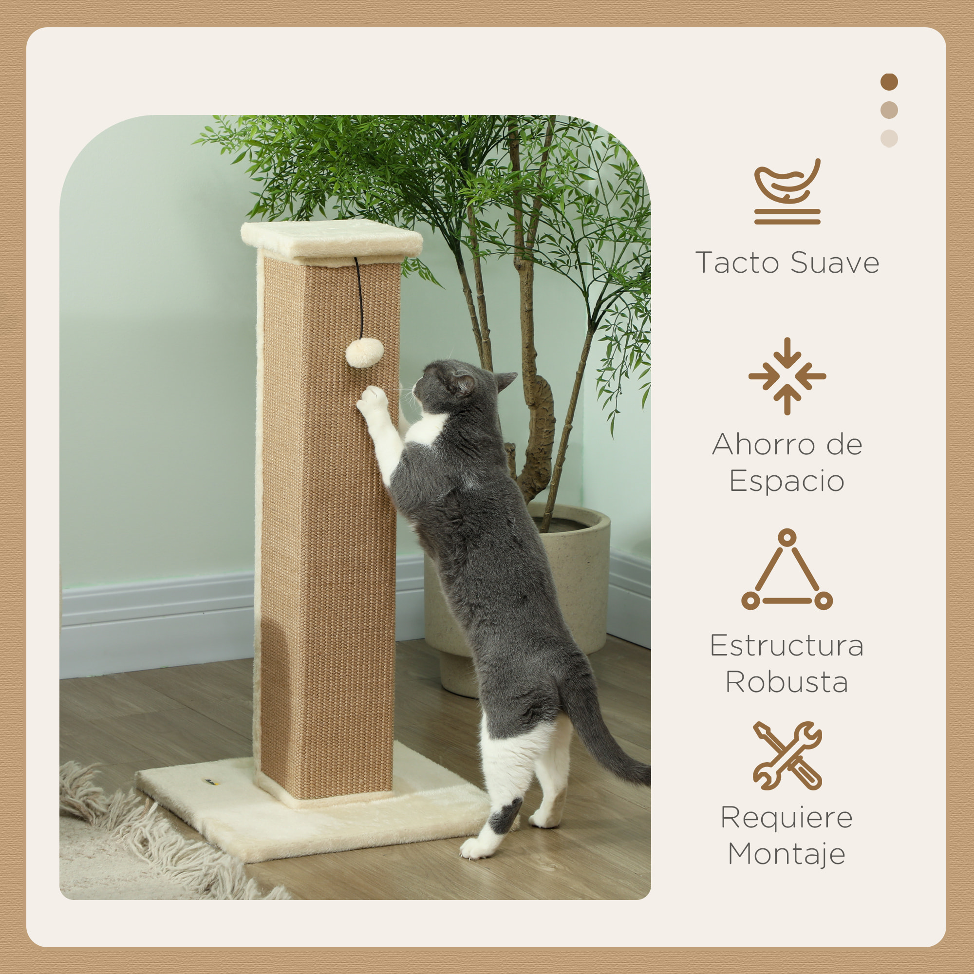Poste Rascador para Gatos Altura 81 cm Rascador para Gatos Arañador para Gatos con Poste de Yute y Bola Colgante 41x41x81 cm Beige
