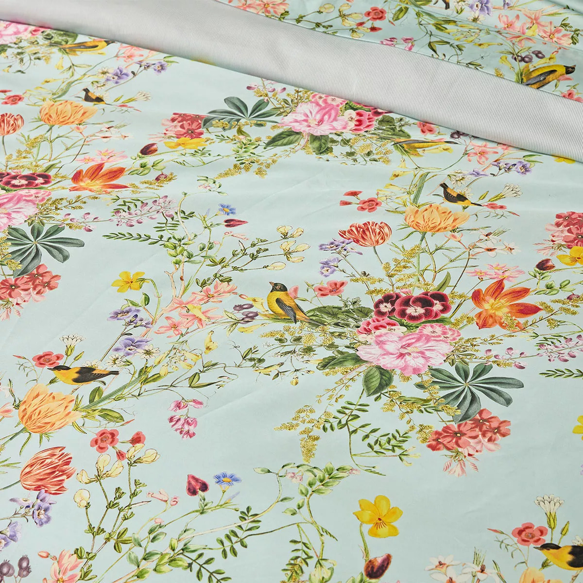 Drap plat satin de coton imprimé multicolore Primavera vert d'eau