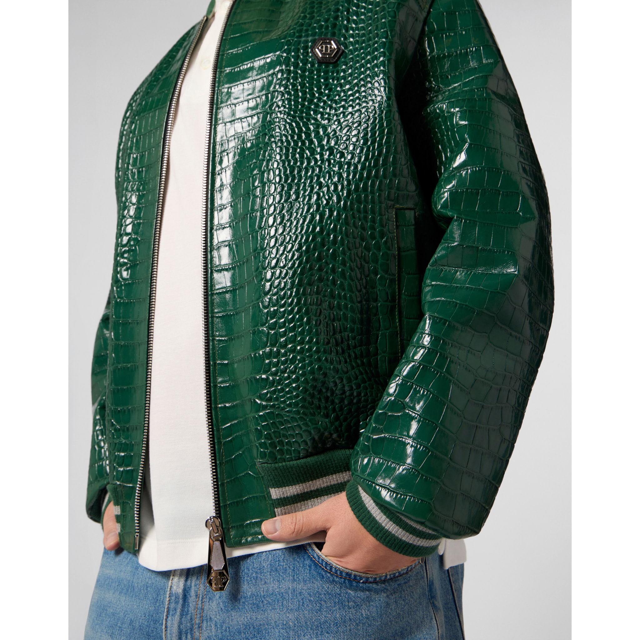 PHILIPP PLEIN Leather Bomber Jacket Cocco